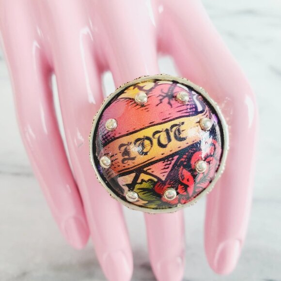 LOVE Tattoo Print Round Chunky Thick Ring‎ - Picture 1 of 7